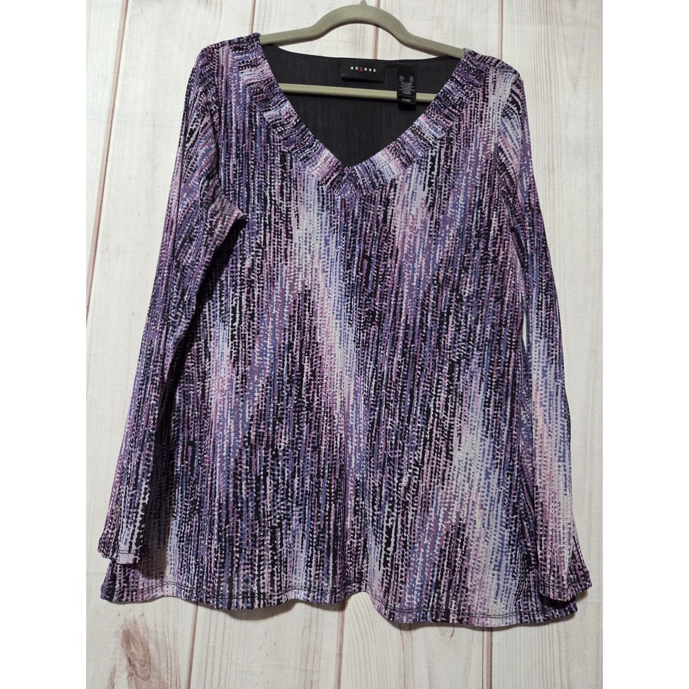 Axcess Womens XL Purple Abstract Mesh V-Neck‎ Long Sleeve Lined Blouse Top